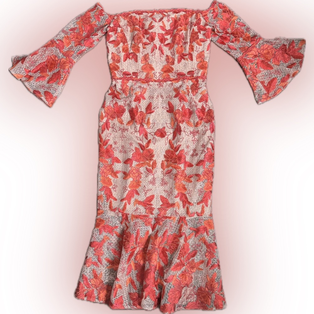 Marchesa Notte off the shoulder fluted embroidered tulle midi dress red/pink